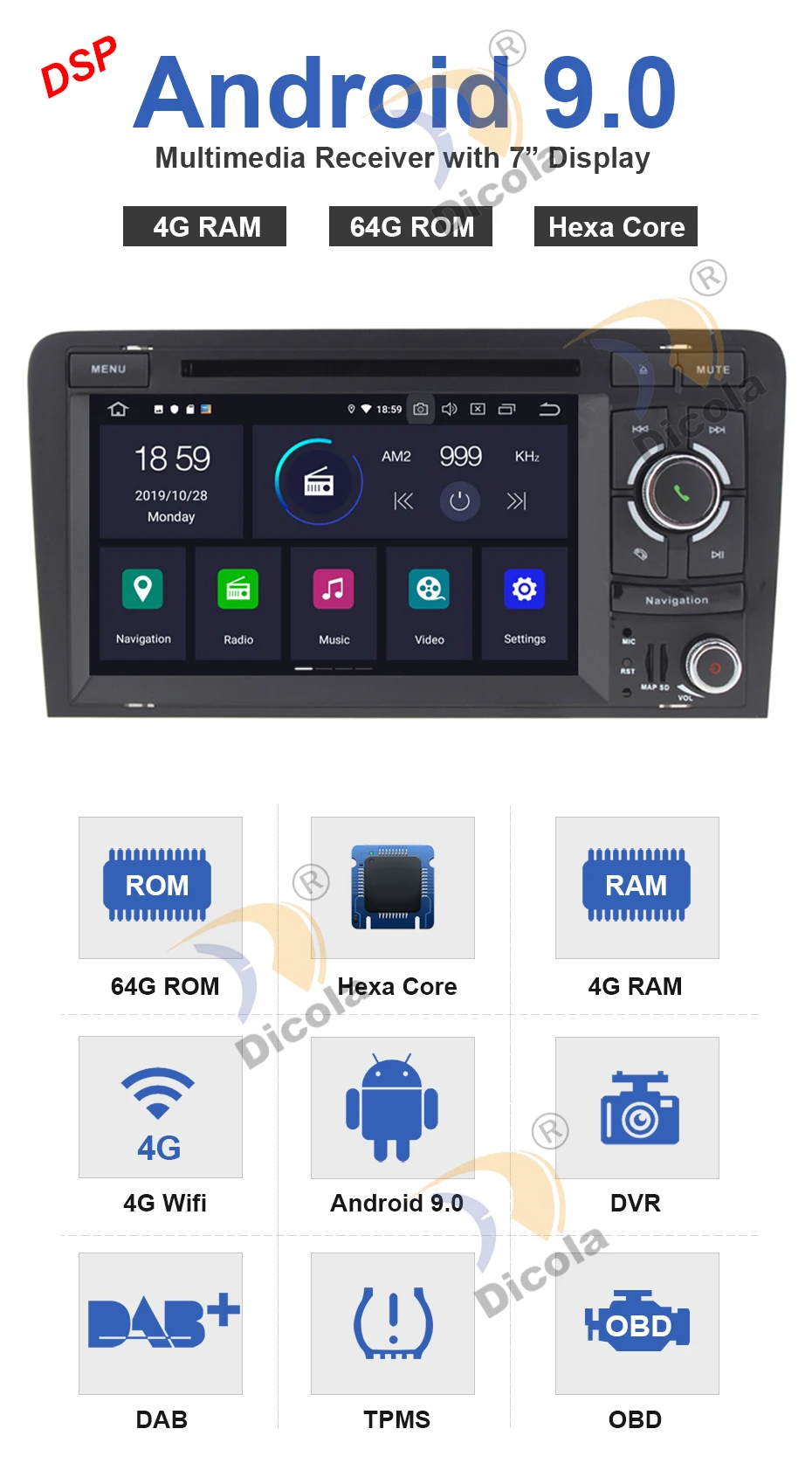 " DSP 4G+ 64G Android 9 PX6 автомобильный Радио стерео dvd-плеер gps TPMS для Audi A3 8P 2003-2012 S3 8P 2006-2012 RS3 Sportback 2011 2012
