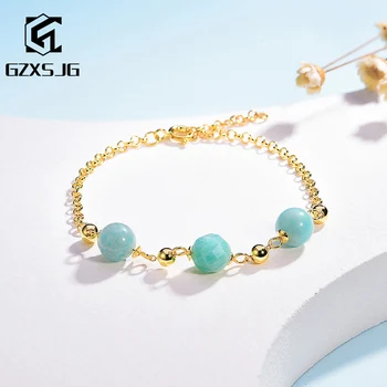 

GZ 5A Natural Amazonite Gemstone Solid 925 Silver Link Chain Beads Bracelet for Women Yellow gold Bracelets For engagement Party