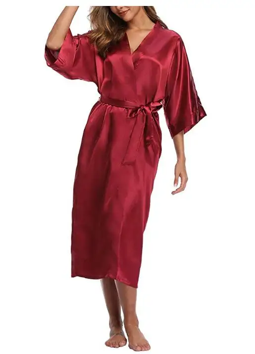 Высокое качество черный женский шелковый халат из вискозы сексуальное длинное белье пижамы кимоно юката Ночная рубашка размера плюс S M L XL XXL XXXL A-050 - Цвет: wine