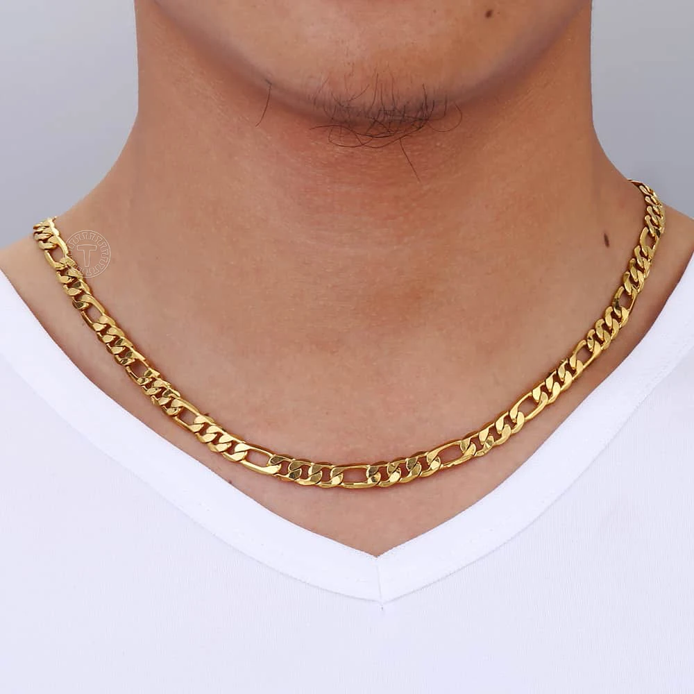 Simple Gold Color Classic Figaro Chain Link Necklace for Men 6mm Wide Cuban Curb Link Chain Jewlelry Gift 18-28inch GN18A 2