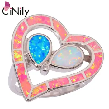 

CiNily Created Pink Blue White Fire Opal Cubic Zirconia Silver Plated Ring Wholesale Heart Women Jewelry Ring Size 7 8 9 OJ8993