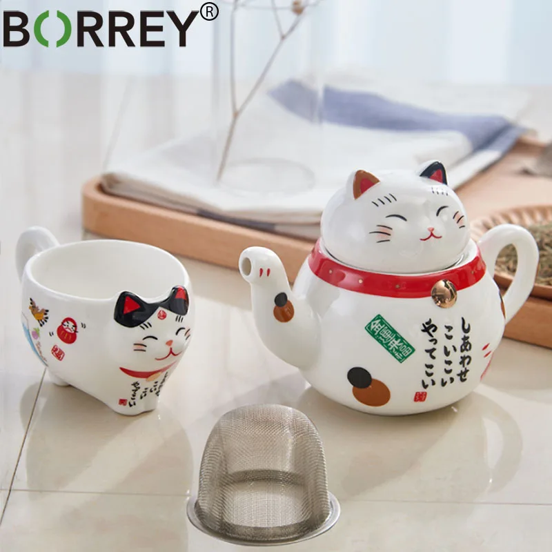 BORREY Lucky Cat Ceramic Teapot Cup Chinese Porcelain Tea Set With Stainless Steel Fliter Maneki Neko Mug | Дом и сад