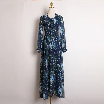 

2020 Spring and Summer Original Design Fashion Retro O Neck Printing V-neck Elegant A Line Big Swing Holiday Dress Women