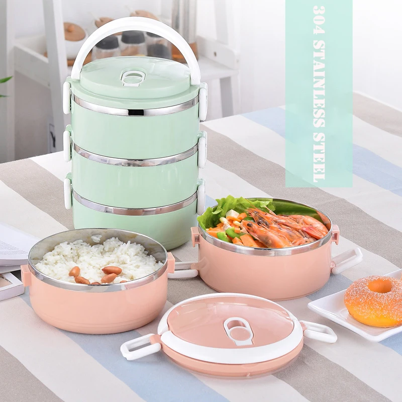 Contenedor de acero inoxidable 304 sencillo de 3 capas caja de almuerzo térmica, caja de Bento aislada, almacenamiento portátil de alimentos