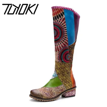

Tuyoki New Ethnic Style Genuine Leather Women'S Boots Stitching Fashion Print Knee High Boots Casual Women Shoes Size 37-42