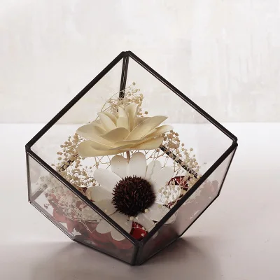 D black with flower Геометрический стеклянный парник домашнего интерьера Креативные украшения гостиной украшения Посуда Ваза сухой микро пейзаж - Цвет: D black with flower