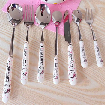 

Hello Kitty Stainless Steel Cutlery Set Ceramic Handle Cutlery Set Table Knife Fork Spoon Chopsticks Kitchen Tableware