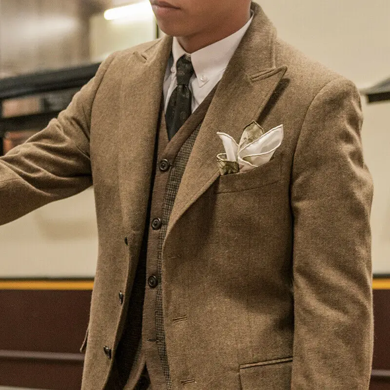 Abito da uomo marrone Peaky Blinders 3 pezzi Tweed a spina