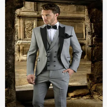 

New Classic Men’s Suit Smolking Noivo Terno Slim Fit Easculino Evening Suits For Men Silver Grey Groom Tuxedos Custom Wedding Fo