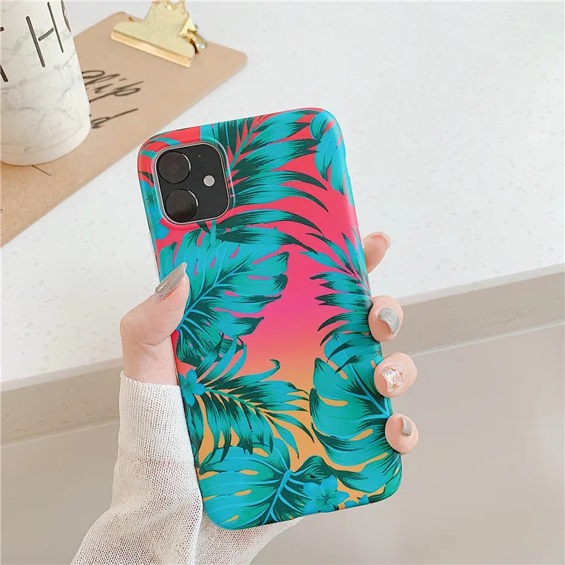 INS цветочный чехол для iphone 11 11Pro Max Apple X XS XR 6 6s 7 8 Plus матовые цветы зеленый лист