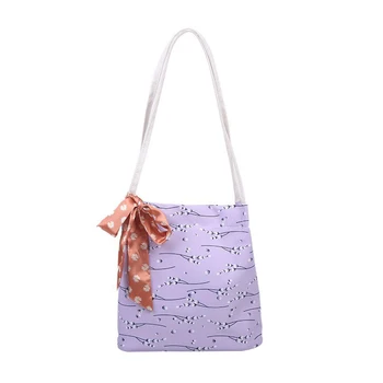 

Casual Women Shoulder Handbags Flower Printed Large Capacity Totes Portable Reusable Women Canvas Bow Scarf Shopping Bags