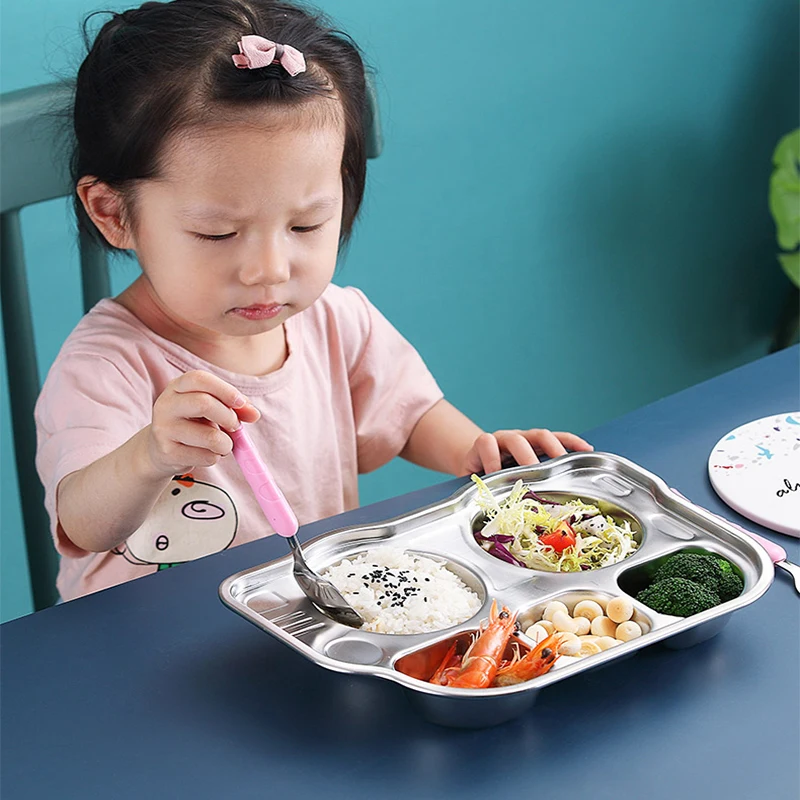 Милая мультяшная детская обеденная тарелка 304 из нержавеющей стали для детского сада, Детская столовая посуда, разделяющая противопадающую тарелку