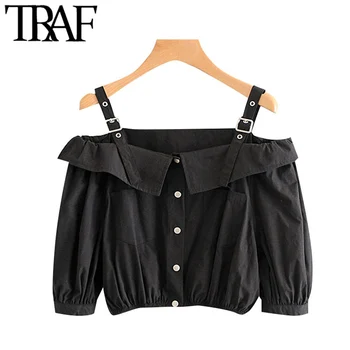 

TRAF Women Sweet Fashion Button-up Pocket Cropped Blouses Vintage Elastic Hem Adjustable Straps Female Shirts Chic Tops