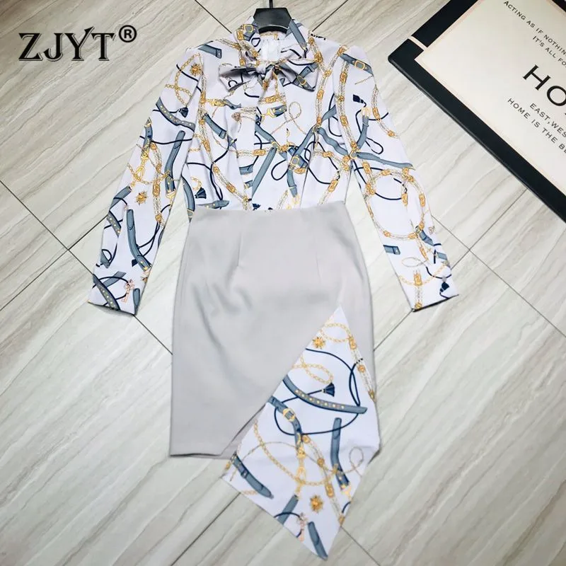 

2020 New Spring Elegant Lady Skirt 2piece Set Women Runway Designers Chains print Blouse and Pencil Skirt Suit Matching Sets
