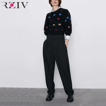 

RZIV Autumn and winter women's sweater casual solid color bow decoration high collar long sleeve sweater