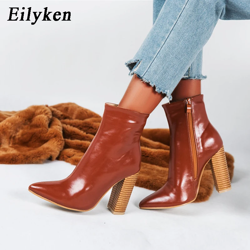 Eilyken/женские ботинки из искусственной кожи; зимние ботинки с острым носком на высоком каблуке; модные мотоботы на молнии; цвет коричневый; размеры 41, 42