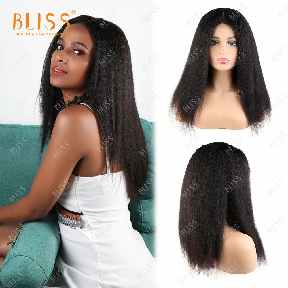 

BLISS Lace frontal Kinky Straight long hair wig For Black Women 16 inches Yaki 4X4 lace closure wig Brazilian hair wigs