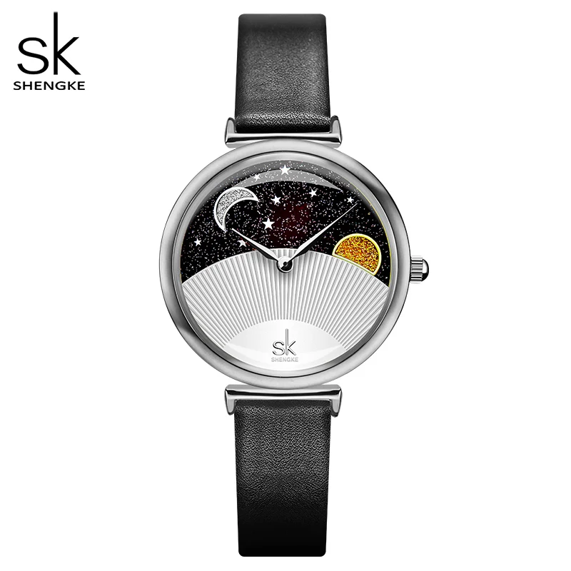 Shengke, новинка, звездное небо, Dreamy, женские часы, креативный, синий, кожаный ремешок, кварцевые, женские часы, Повседневная мода, циферблат, Montre Femme - Color: black