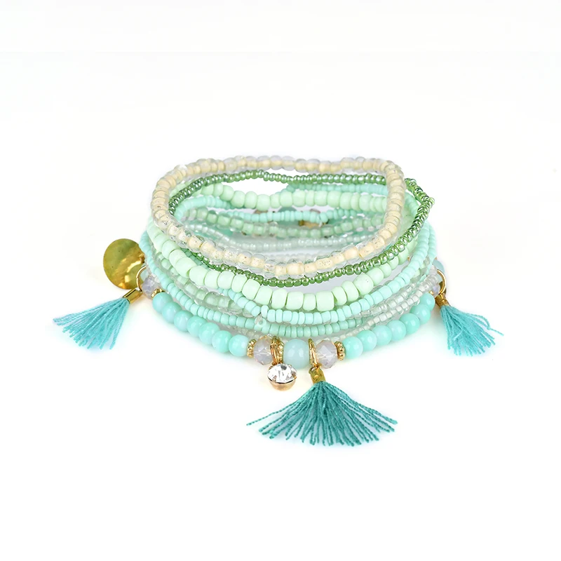 Ethnic Bohemian Tassel Beach Charm Bracelets For Women Boho Multilayer Beads Crystal Beaded Jewellery Bracelet Set Femme 2019