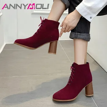 

ANNYMOLI Women Boots Autumn Ankle Boots Lace Up Round High Heel Short Boots Fashion Round Toe Shoes Lady Winter Large Size 33-46