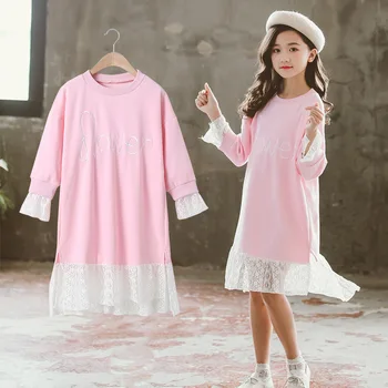 

Big Girls Children's Dress Autumn New Korean Long Sleeve Dresses for Girls Fall 2020 Stitching Mesh Sweatshirt Dress Clothing