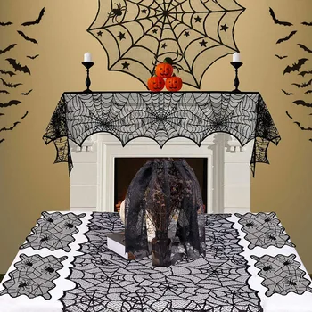 

Halloween Spider Cobweb Lace Tablecloth Set Fireplace Mantel Scarf Round Table Cover Spider Lampshade Rectangular Place JS22