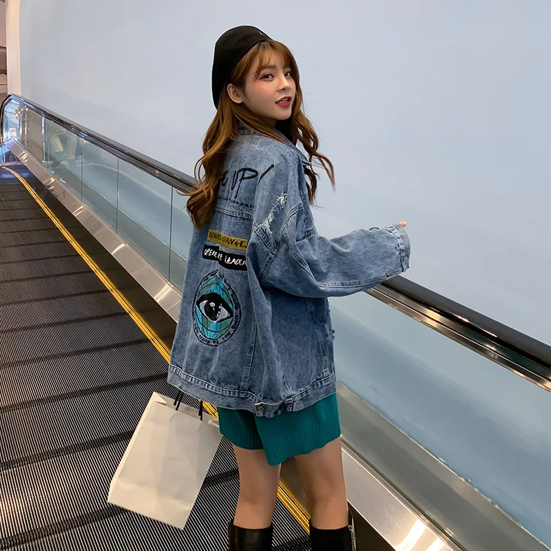 

Jeans Coat 2019 Autumn New Style Machine Embroidery Loose Large Version of Cowboy Clothing Hip Hop INS