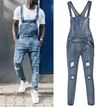

New fashion men's suspenders denim jumpsuit ripped jeans trousers