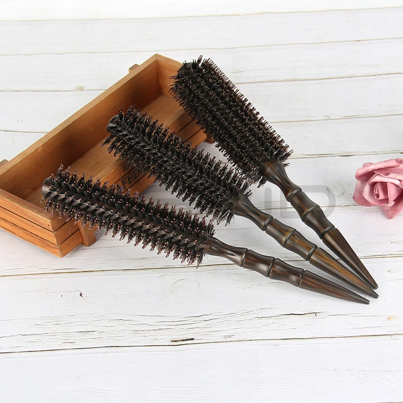 3 Sizes Barber Salon Natural Boar Bristle Comb Wood Handle Sharp Tail Hair Rolling Hairbrush Round Barrel Blowing Hair Comb 1601 3