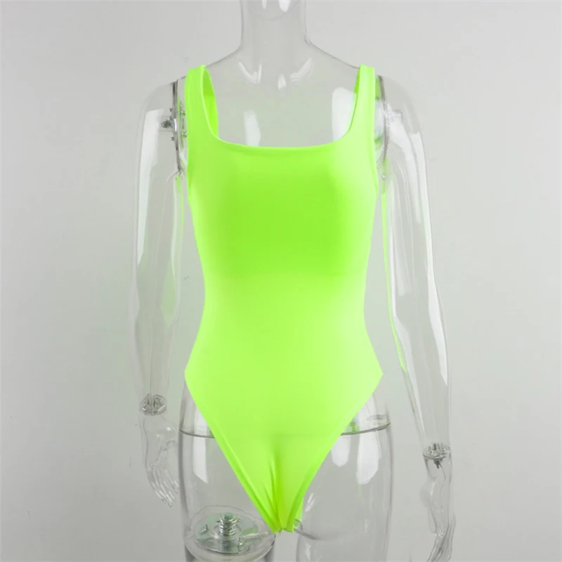Nadafair Sexy Off Shoulder Bodysuit Women Summer Square Collar Neon Bodysuit Tops Bodycon Rompers Overall For Women