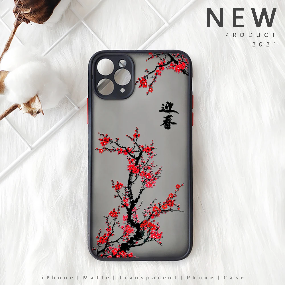 Plum Blossom Flower Iphone 13 12 XS 11 Pro Max Mini Chinese Style Painting Case for  X XR SE2020 7 8 Plus Red Floral Design Case