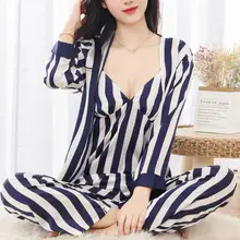 Женские пижамы для сна, комплекты с подушечкой на груди, зимняя атласная пижама, Женская Повседневная Пижама, домашняя одежда, 3 штуки