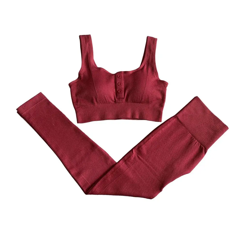 

2 Pieces Women Seamless Yoga Set Sports Suits Buttons Sport Bra + High Waist Fitness Leggings Gym Set Sportswear Workout Clothes