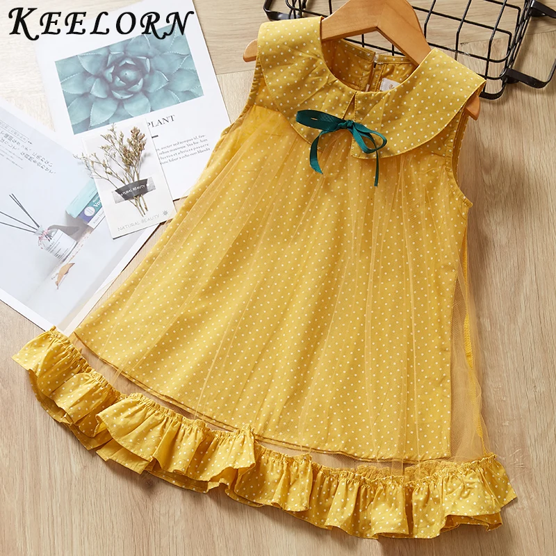 

Keelorn Girls Dress 2019 New Summer Style Brand Kids Dress Peter pan Collar Sleeveless Striped Pattern Pring for Baby Dress