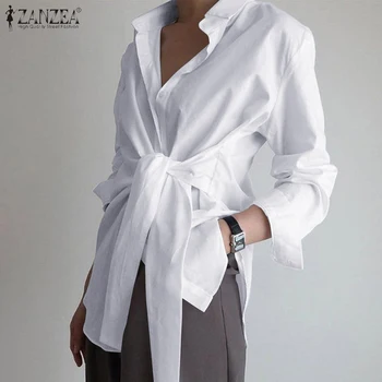 ZANZEA-Blusa informal de encaje con manga larga para Primavera, camisa elegante con cuello de solapa, blusa asimétrica