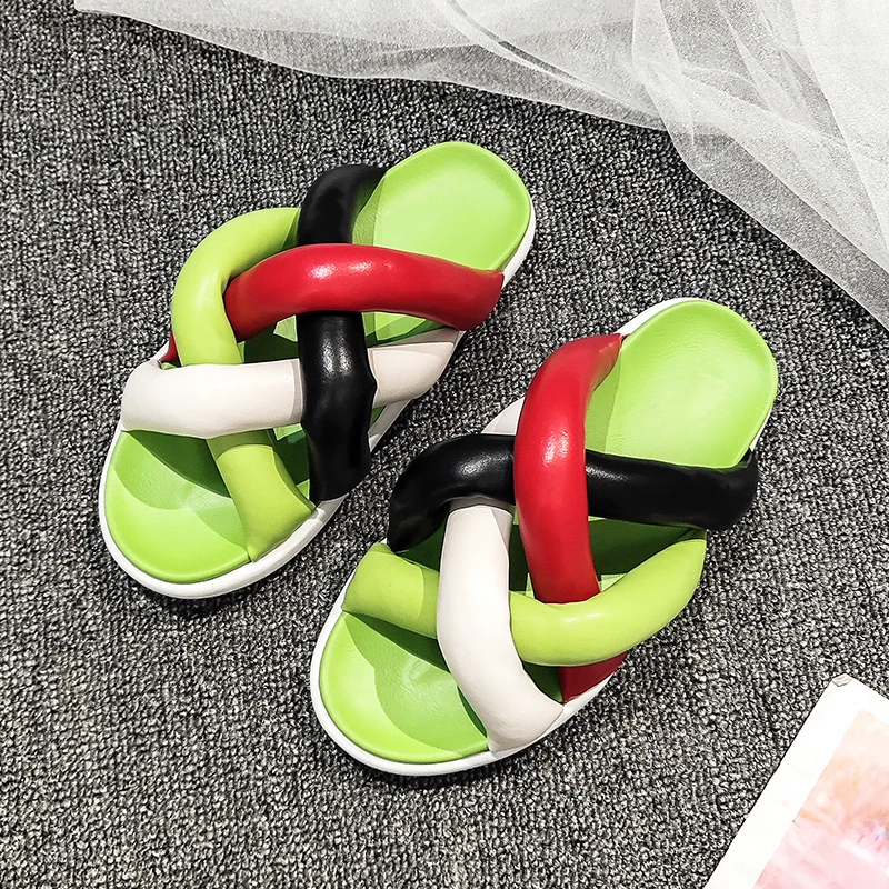 Rimocy Summer Mix Color Beach Slippers Women Soft PU Cross Strap Flat Sandals Comfortable Outdoor Slides Ladies Leisure Shoes | Обувь