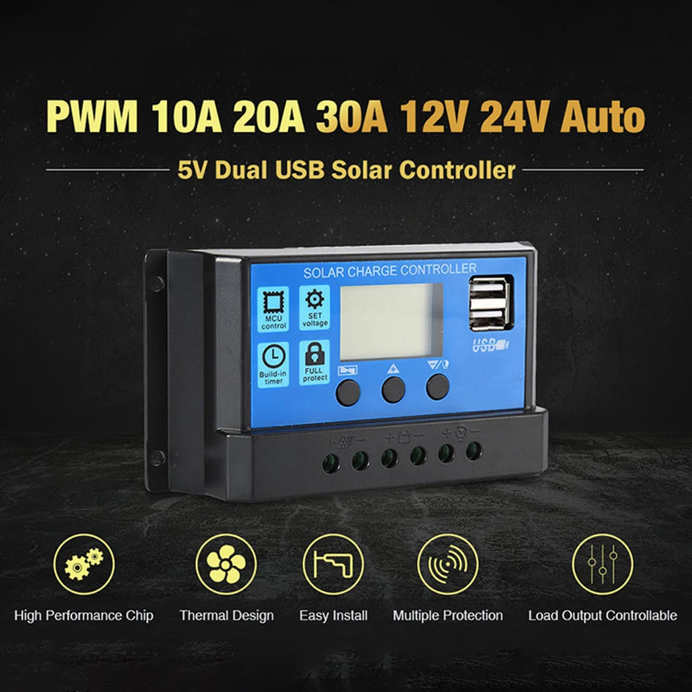 

12V/24V Universal Solar Panel Controller Battery Charge Regulator Auto With Dual USB for DIY Solar Power 10A/20A/30A Optional