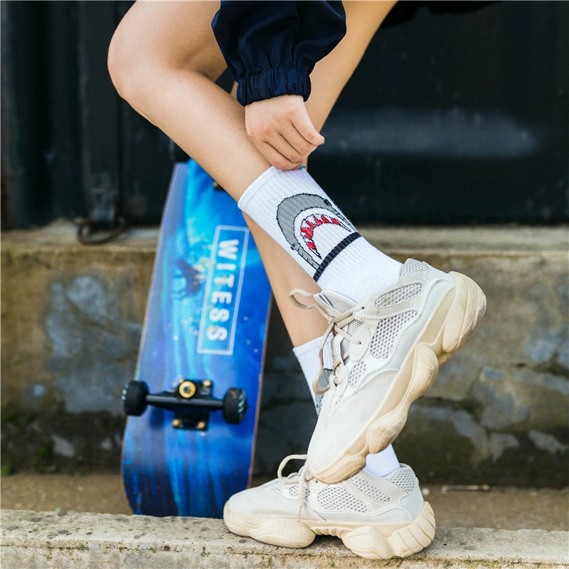 Fashion Shark Women Hip Hop Socks Long Cartoon Socks Unisex Hiphop Street Sport Skateboard Black White Crew Socks Dropship