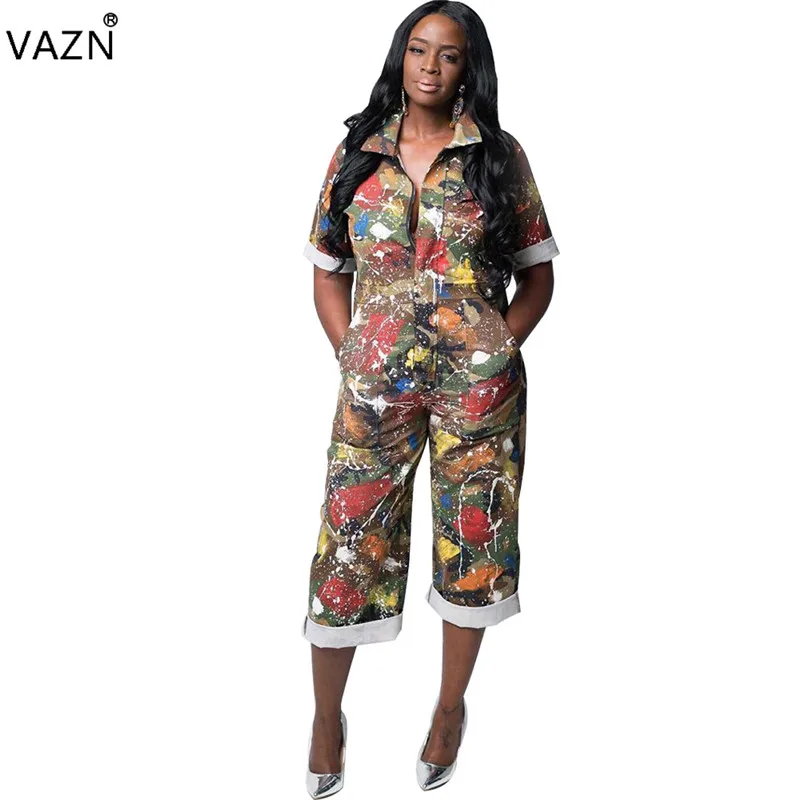 VAZN YH5075 Новые комбинезоны обычная, высокая, на выход молодых Мода Камуфляж печати Половина рукава поло шеи женщин прямые голени комбинезоны