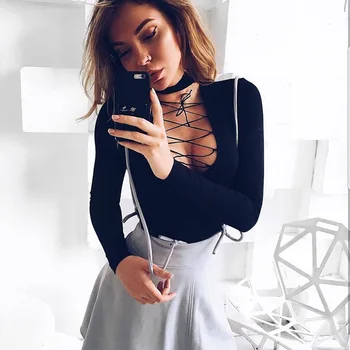 

cotton lace up long sleeve bodysuit spring winter women sexy hollow out body black solid female bodysuits