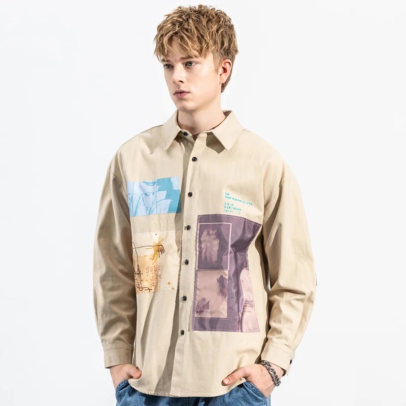 Хип-хоп мужские рубашки с длинным рукавом Уличная Harajuku рубашка с графическими нашивками Ретро винтажная рубашка Свободные повседневные топы Осень