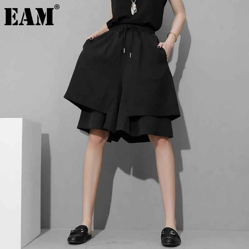 [EAM] High Elastic Waist Black Double Layers Half Length Trousers New Loose Fit Pants Women Fashion Spring Summer 2022 1Z302 | Женская