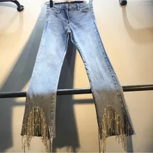 Европейский стиль, женские осенние брюки с высокой талией, тонкие, со стразами, расклешенные брюки, женские брюки с высокой талией, джинсовые брюки с кисточками