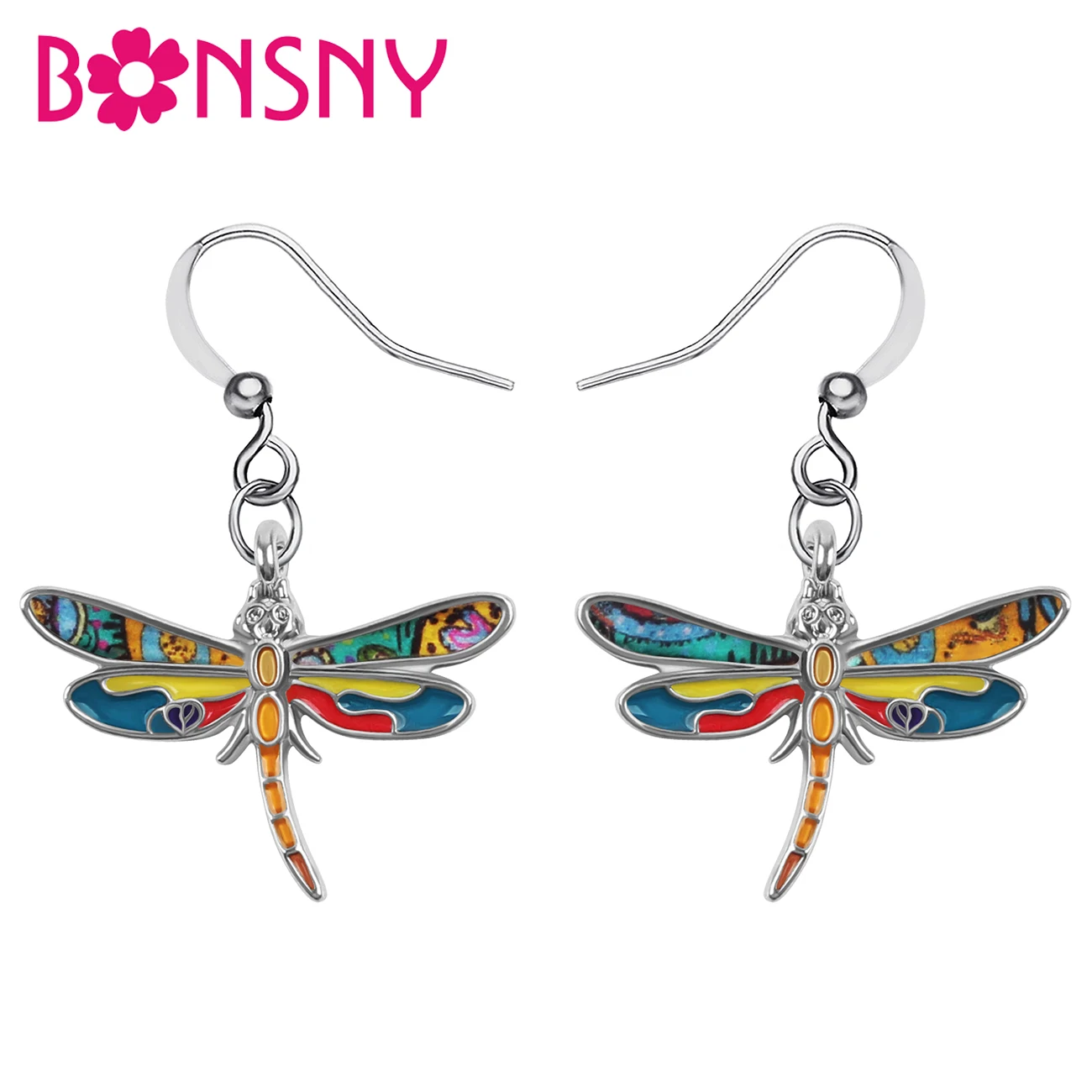 

BONSNY Enamel Alloy Mental Floral Sweet Dragonfly Earrings Insect Drop Dangle Fashion Party Jewelry For Women Girls Charm Gifts
