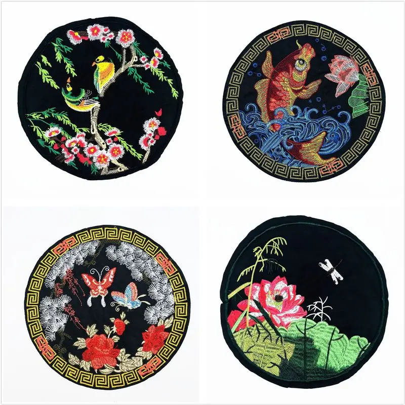 

3pcs/lot Large Circular Chinese Style Embroidery Patch Flower Bird fish Clothing Decoration Applique Diy Cute Sewing Accessories