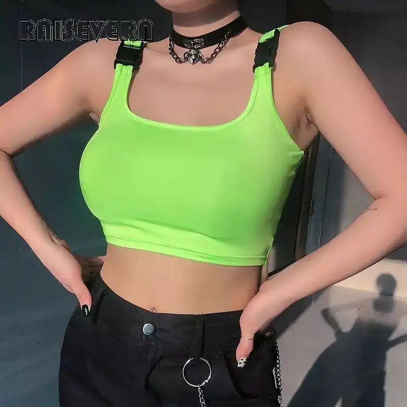neon green crop top outfit