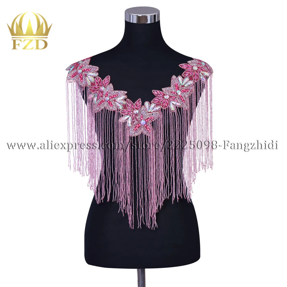 

FZD 1 PIECE Flower Tassel Handmade Sew On Rhinestone Patch Light Pink Bodice Dress Patch bridal Body Applique for Show Costume