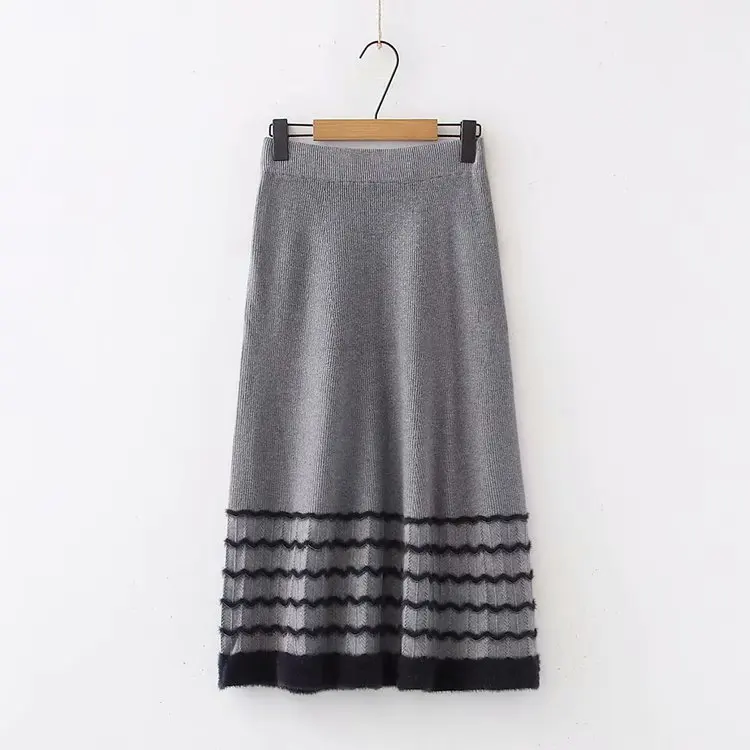 Винтажная зимняя черная серая хаки эластичная юбка средней длины в полоску для женщин, длинные юбки saia saias - Цвет: 1