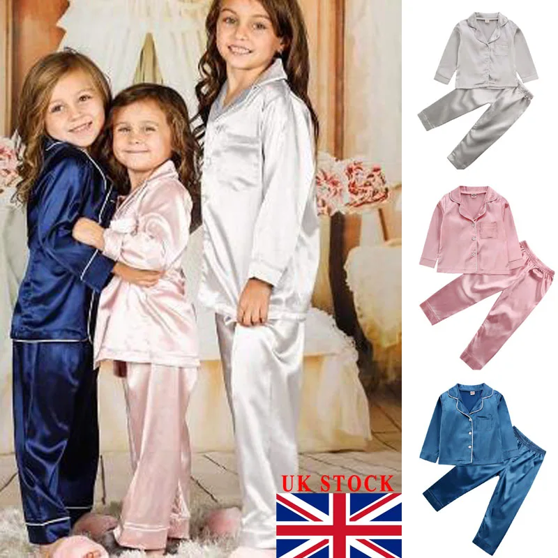 Коллекция года, пижама из шелкового атласа для маленьких мальчиков и девочек, топ и штаны однотонные пижамы с длинными рукавами на пуговицах, атласный комплект, детская одежда для сна, ночная рубашка