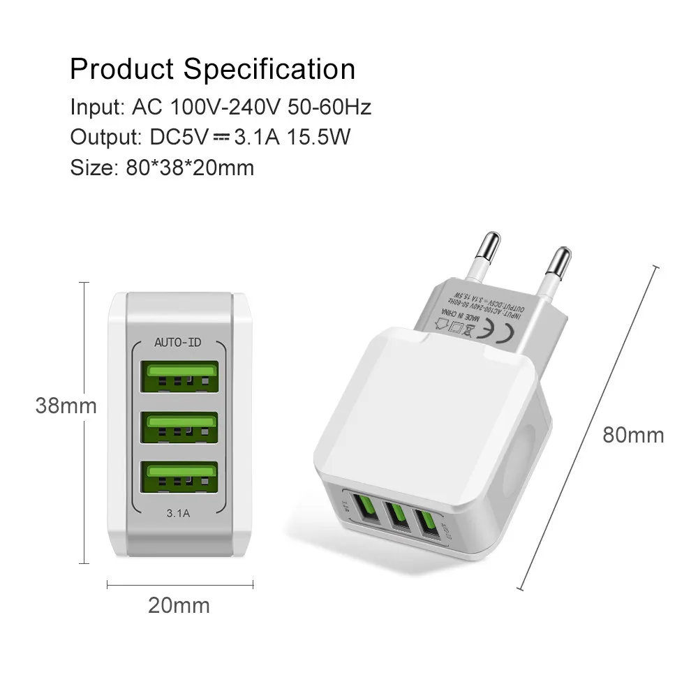 3 Порты и разъёмы Dual USB Зарядное устройство для путешествий настенное Зарядное устройство для скоростного мобильного телефона Зарядное устройство с адаптером 5В/3.1A штепсельная вилка европейского стандарта Зарядное устройство для iPhone huawei samsung